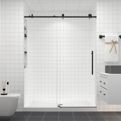 50"-54" W x 76" H Single Sliding Frameless Shower Door in Matte Black Finish with 1/4" (6mm) Clear Tempered Glass, Soft-Close, Easy-Clean Coating, Explosion-Proof Film, Stainless Steel Accessories