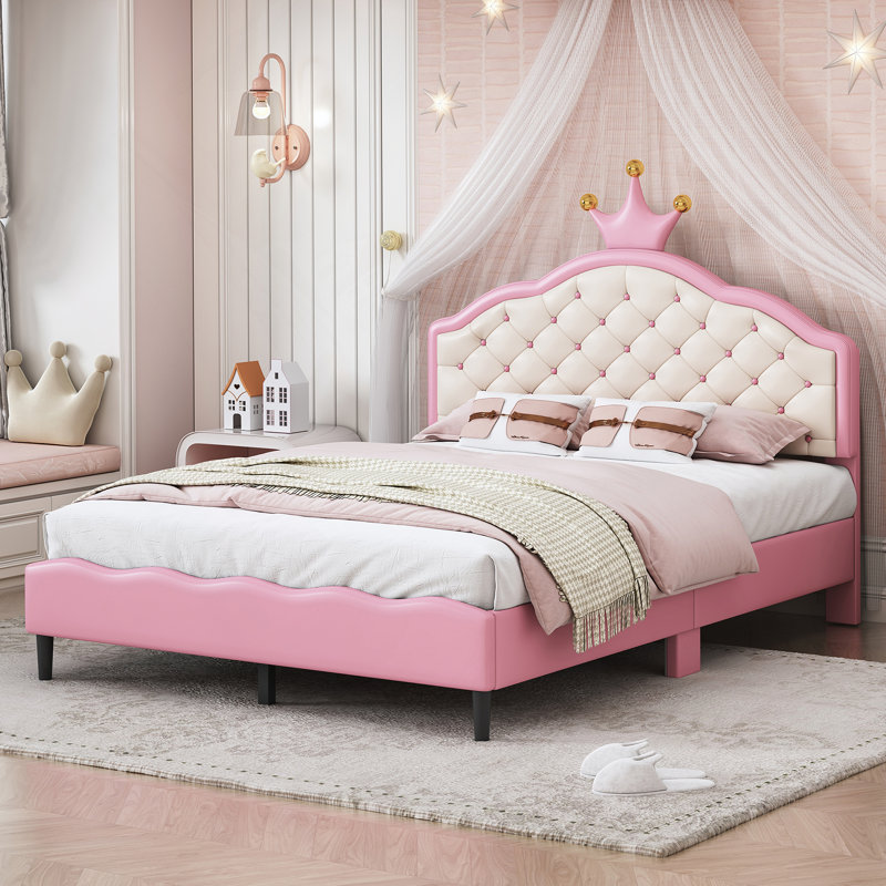 Lit princesse en cuir PU avec tête de lit touffetée Lovely Crown Fantasy, rose et crème, Double