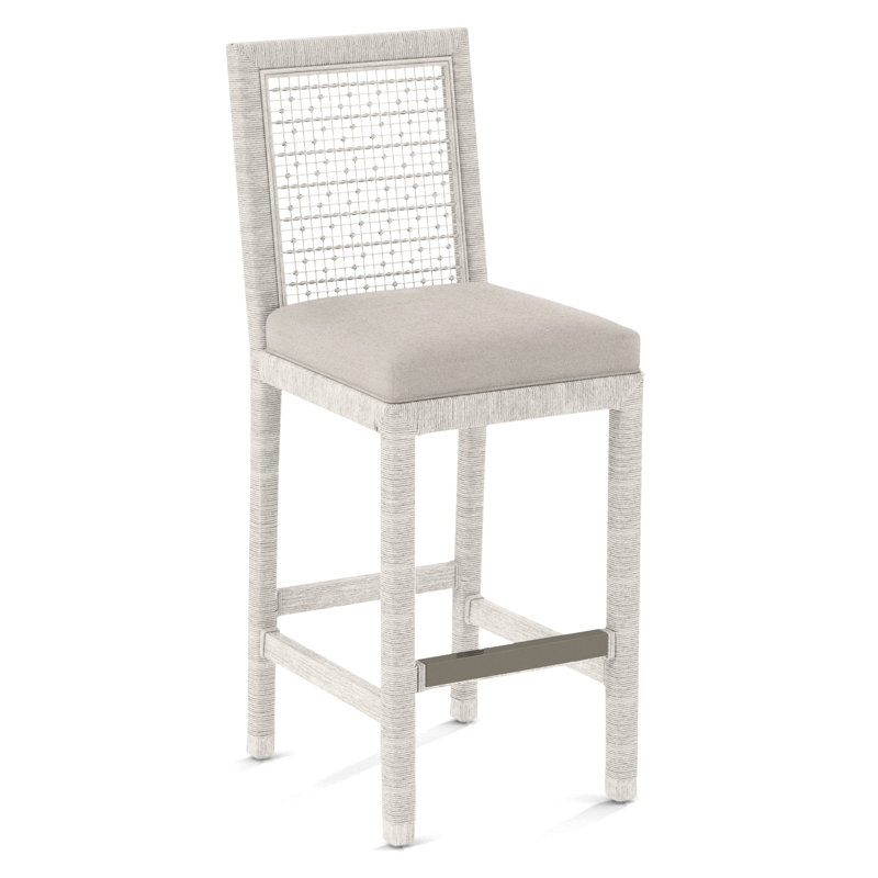 Pine Isle Bar Stool, Sunbrella Beige Pinstripe; 6205-74, Antique Frost White