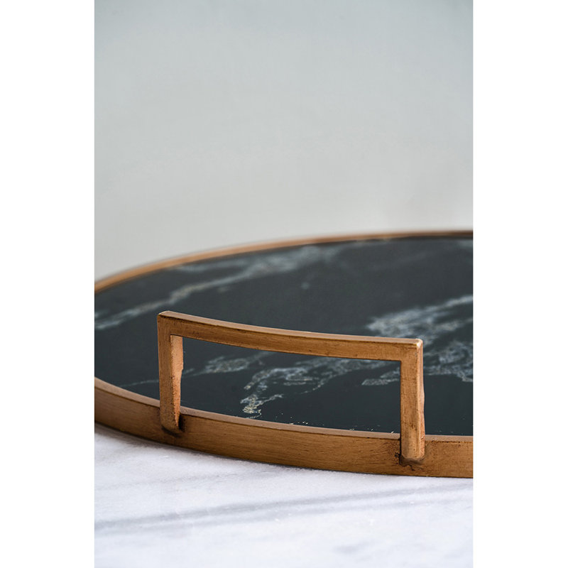 Set of 2 Round Accent Trays with Black and White Marble Patterns, Decorative Metal and MDF Trays with Gold Handles for Serving, Organization, or Centerpiece, 22” and 21” 