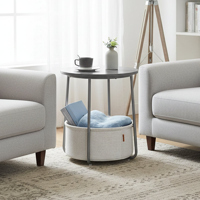  Table de bout ronde de 18 po avec panier de rangement en tissu, table de chevet moderne pour petits espaces, Gris