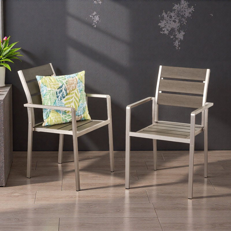 Chaise de salle à manger d'extérieur moderne en aluminium avec siège en faux bois (ensemble de 2)