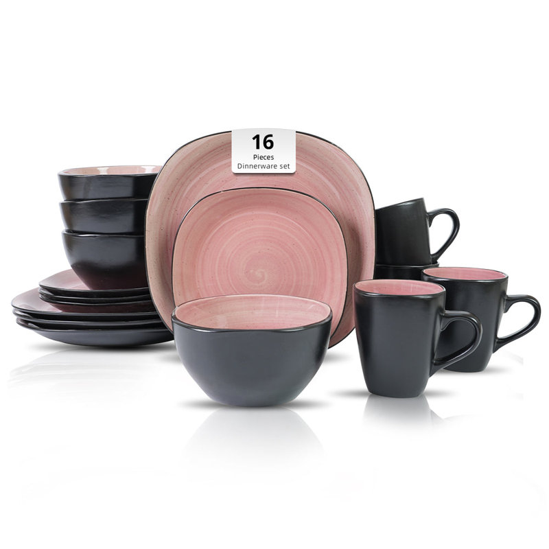 HomeVSS Stoneware 16-Piece Square Dinnerware Set，Service for 4, Swirl Pink