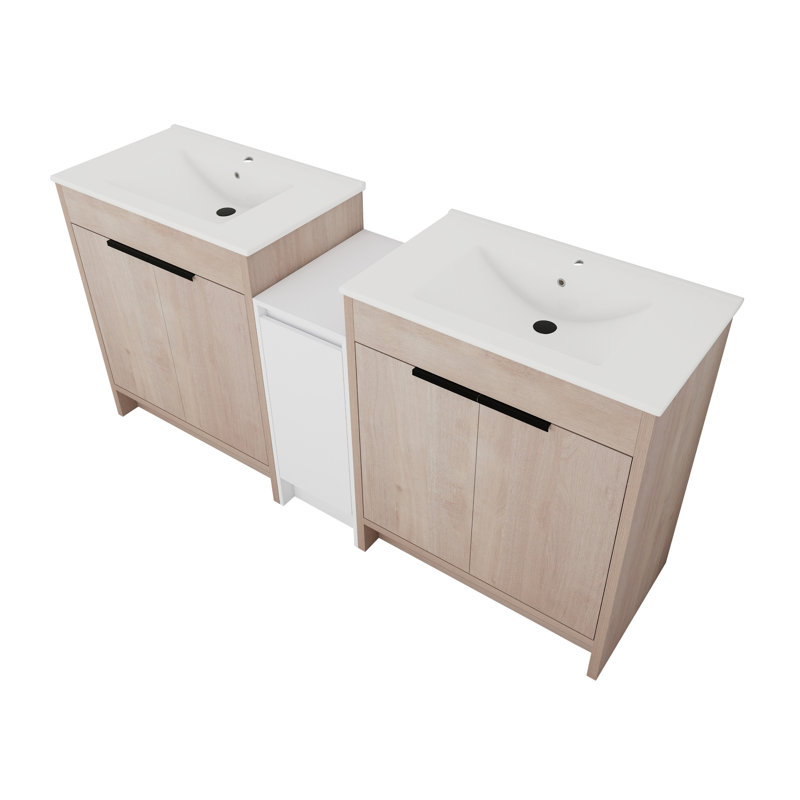 De meuble-lavabo double autoportant en céramique avec deux unités de rangement et un système de porte à fermeture en douceur