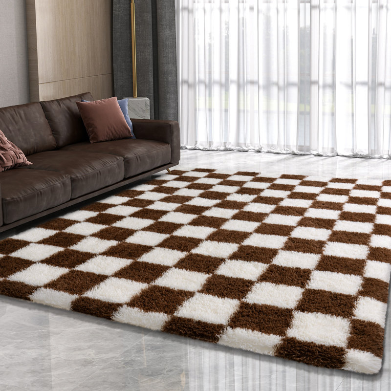 Tapis à carreaux blanc et brun idéal pour le bureau / chevet / salon, Brun, Rectangle 5 pi x 7 pi