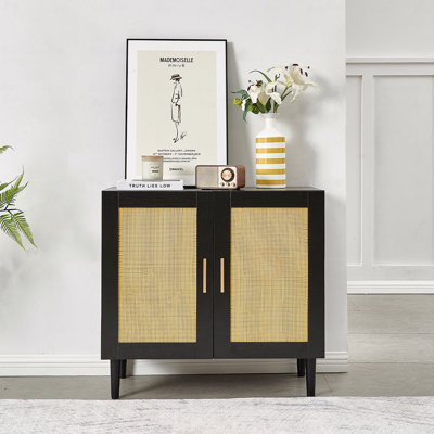 Side Panel Buffet Cabinet With Natural Rattan Door, Rattan Storage Cabinet With Adjustable Shelves, Side Panel And Buffet With Storage Space, Modern Console Cabinet In Bedroom And Living Room