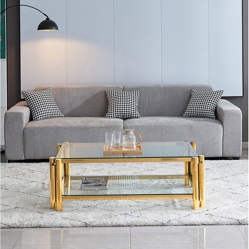 Table basse rectangulaire moderne, table basse en verre trempé transparent double couche, table centrale, table de salon