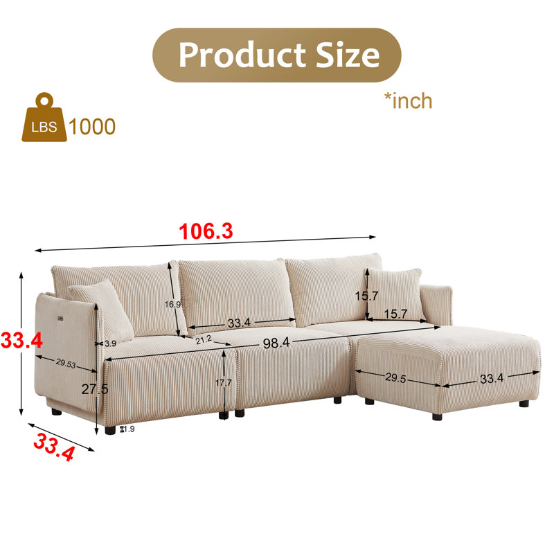 Arlynda 4 Piece 106"W Corduroy Modular Sectional, Beige Corduroy