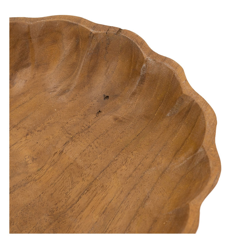 Bol rond rond en bois de teck peu profond avec finition brun terre - centre de table décoratif de 9,8 pouces