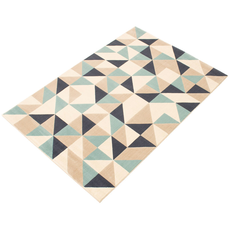 Ensemble de tapis à motif géométrique bleu marine / beige Praneeth, Rectangle 5 pi 3 po x 7 pi 7 po