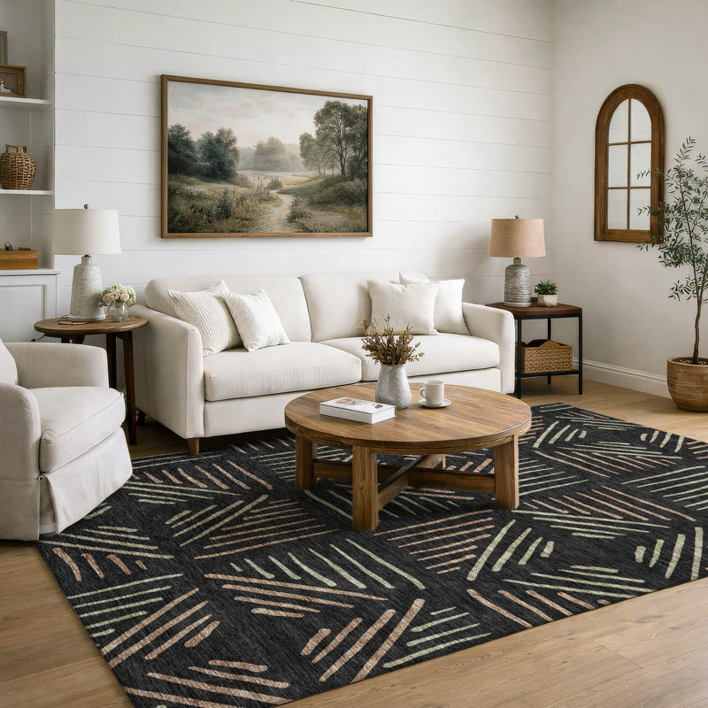 Premium Machine Washable Mayfield AMF2413 Geometric Rug, 3' x 5', Black