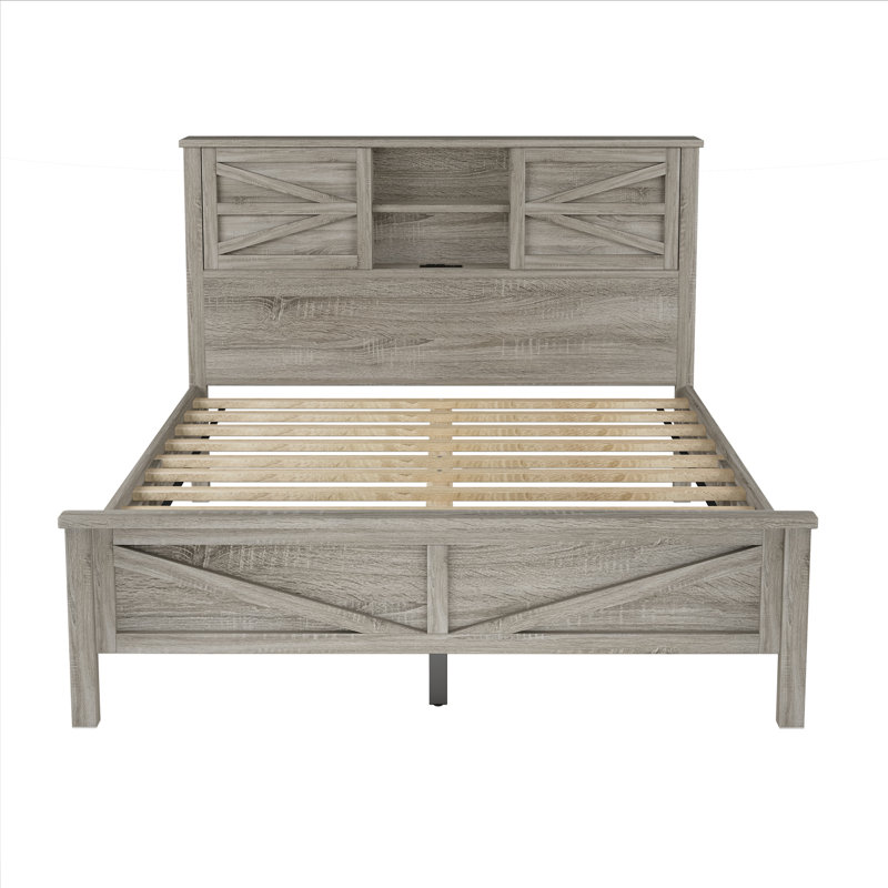 Ensemble de chambre à coucher 3 pièces avec lit plateforme grande ferme avec tête de lit double à porte coulissante et station de charge, table de chevet et commode