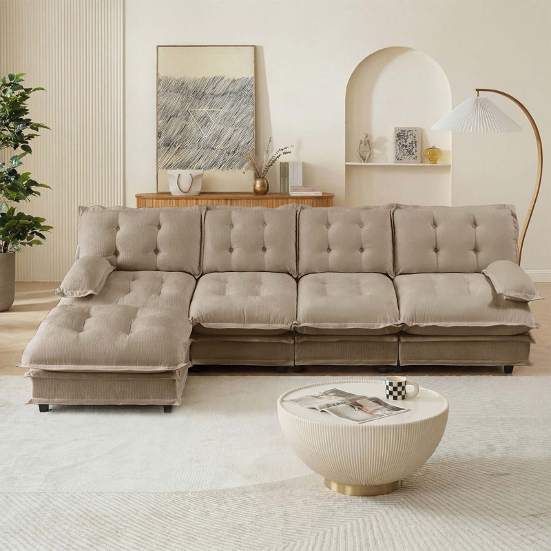 Canapé modulaire 4 places en tissu chenille respirant avec assise profonde et 1 repose-pieds pour le confort du salon