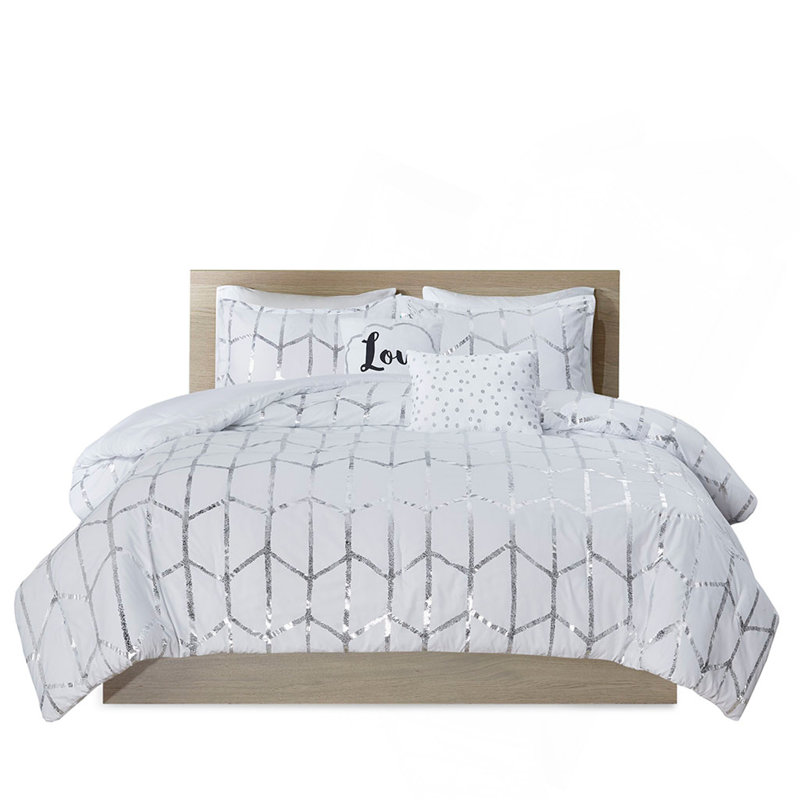 Ensemble d'édredon double / grand imprimé métallique, Édredon de grand lit + 4 pièces additionnelles, Blanc / argenté