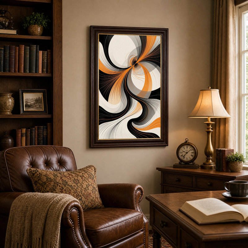 Tableau abstrait orange et noir à lignes tourbillonnantes sur toile, H 18 po x l 12 po