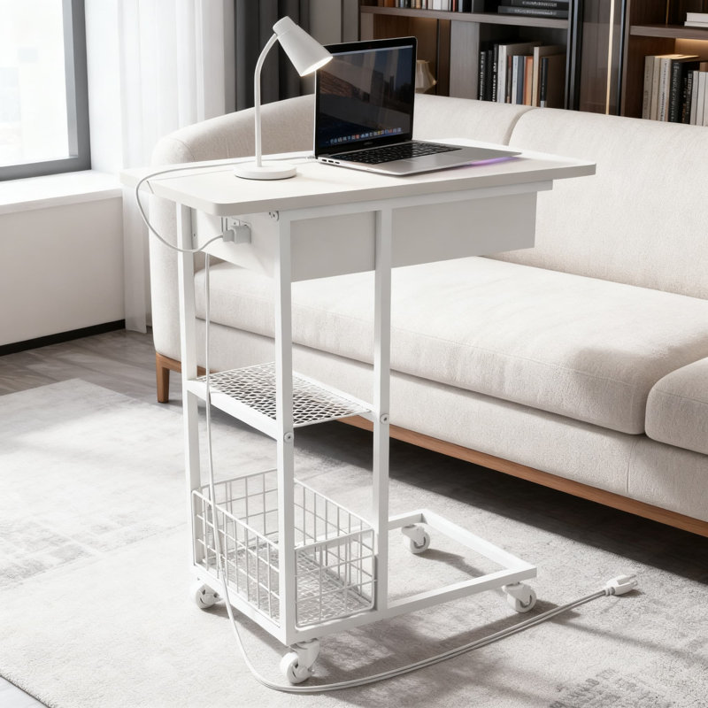 Table de bout en C avec station de charge, table d'appoint rabattable avec ports et prises USB, tablette de rangement pour le salon et la chambre à coucher