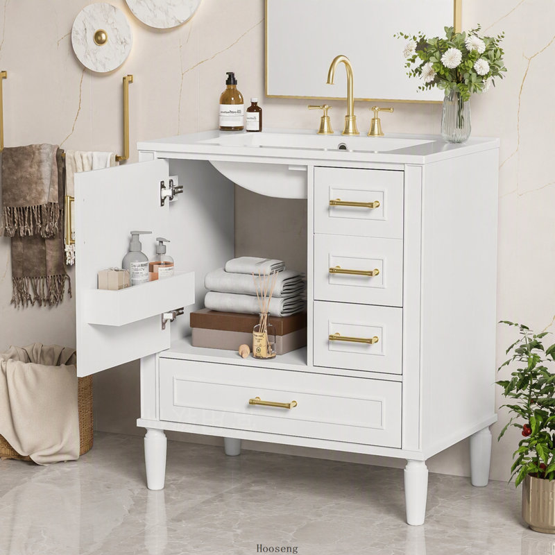 Meuble-lavabo de 76 cm (30 pouces) avec lavabo en céramique, porte à fermeture amortie avec tablette intégrée, tiroir profond et tiroir séparateur.