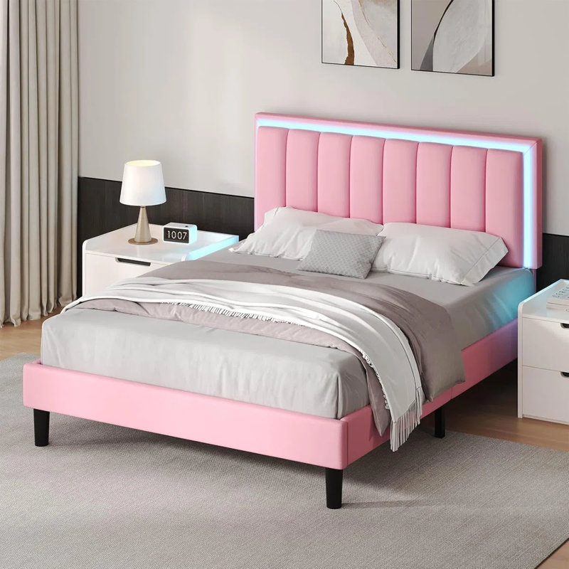 Ensemble de lit plateforme intelligent en cuir avec table de chevet moderne flottante 2 pièces Smart Suite, Grand lit, Rose