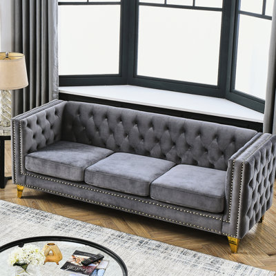 Élégante commode en velours gris - bouton, poignées de tiroir en métal