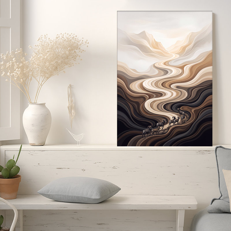 «Bighorn Sheep Herd on Abstract Wavy Earth Tone Mountain», art mural sur toile, 30"H x 20"W