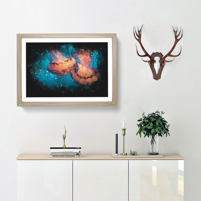 Pink Jellyfish Abstract - Picture Frame Graphic Art Print, 24cm H x 33cm W x 2cm D, Oak Framed