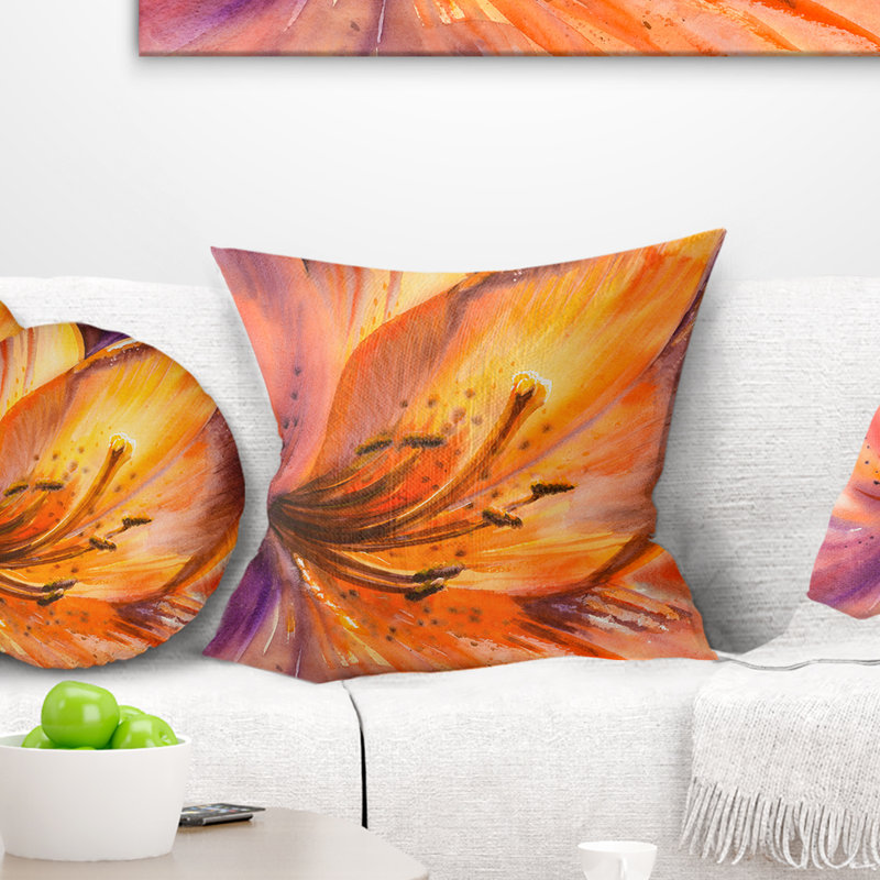 Fleur de lis orange - coussin à imprimé floral, 16 po x 1 po, Coussin décoratif