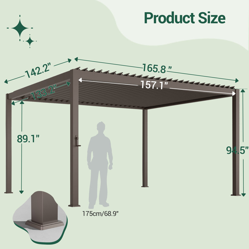 Louvered Pergola, Outdoor Sun Shade Pergola with Metal Frame and Adjustable Rainproof Roof, 12 ft x 14 ft