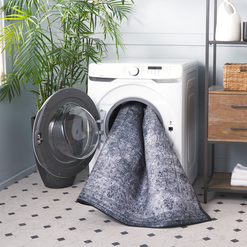 Tucson Vintage Look Machine Washable Non-Slip Area Rug in Black & Grey, Rectangle 152 x 244 cm