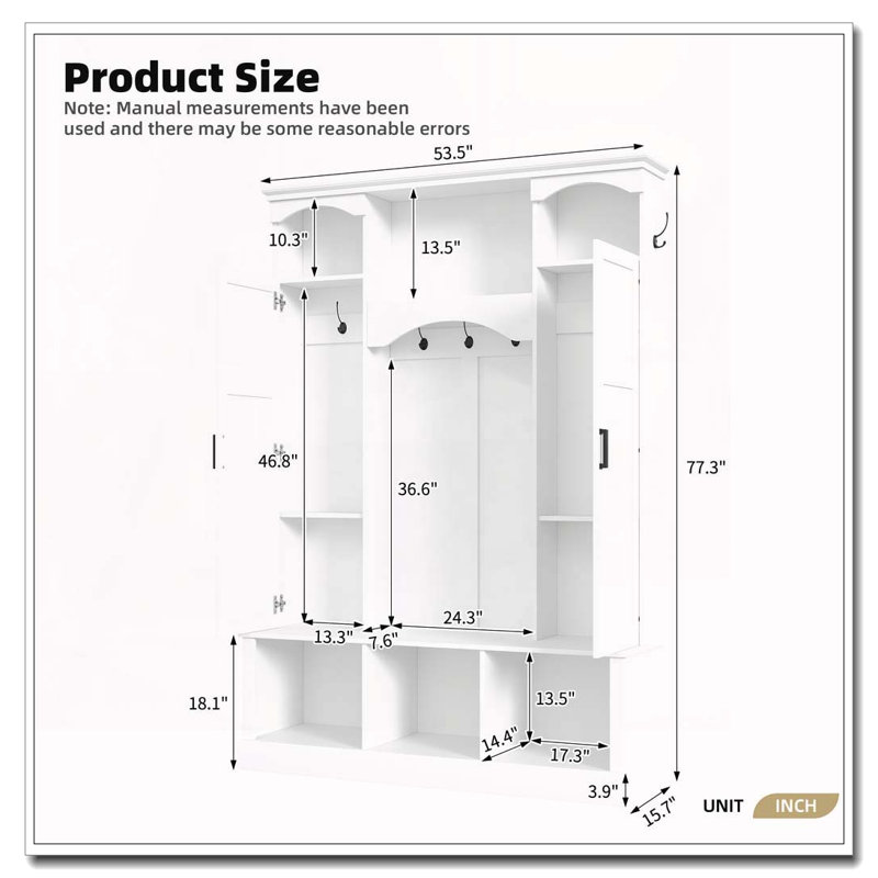 Modern All-in-One Hall Tree with Adjustable Shelves, Classic Arched Farmhouse Storage Bench with Dual Side Cabinets, White
