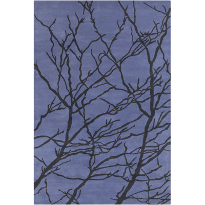 Ailey Authentic Hand-Tufted Handmade Black Tree Design on Blue Wool Art Deco Area Rug