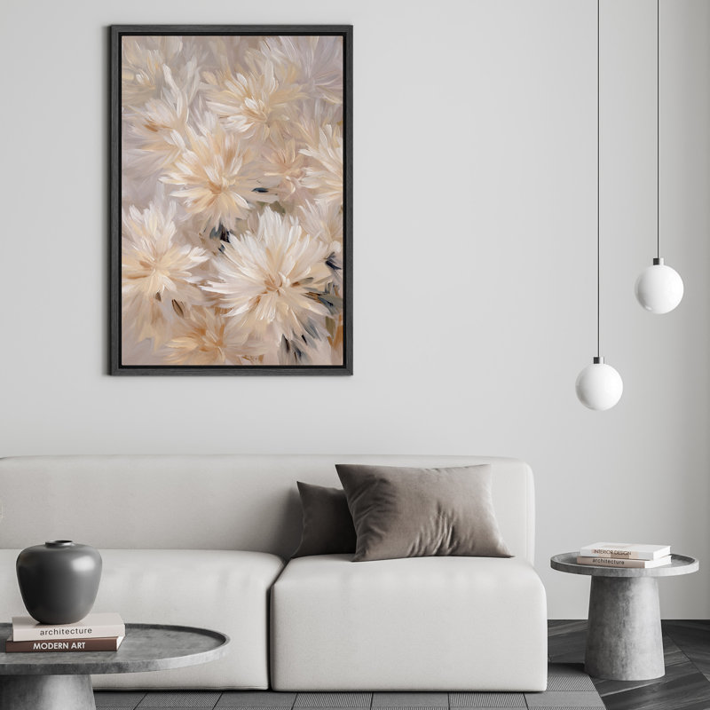 Impression sur toile crème Dahlia - Décoration florale impressionniste douce pour le salon ou le bureau, Noir