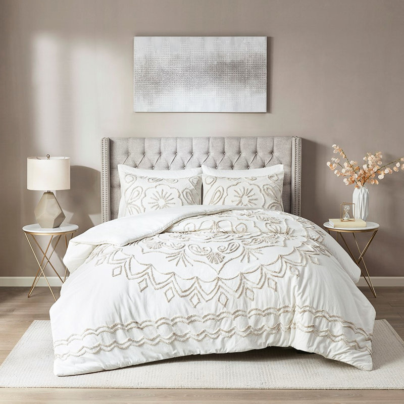 Housse de couette en coton chenille 3 pièces avec bouton - Double / grand / grand / double coton, taupe
