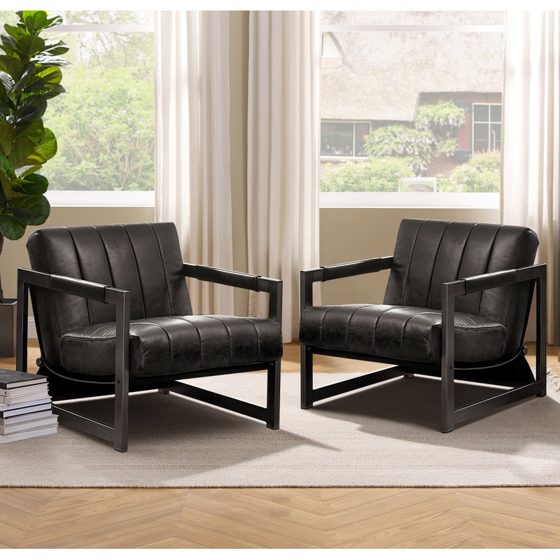 Chaise longue en cuir de vache pleine fleur de 26,55 po de largeur, Cuir véritable noir