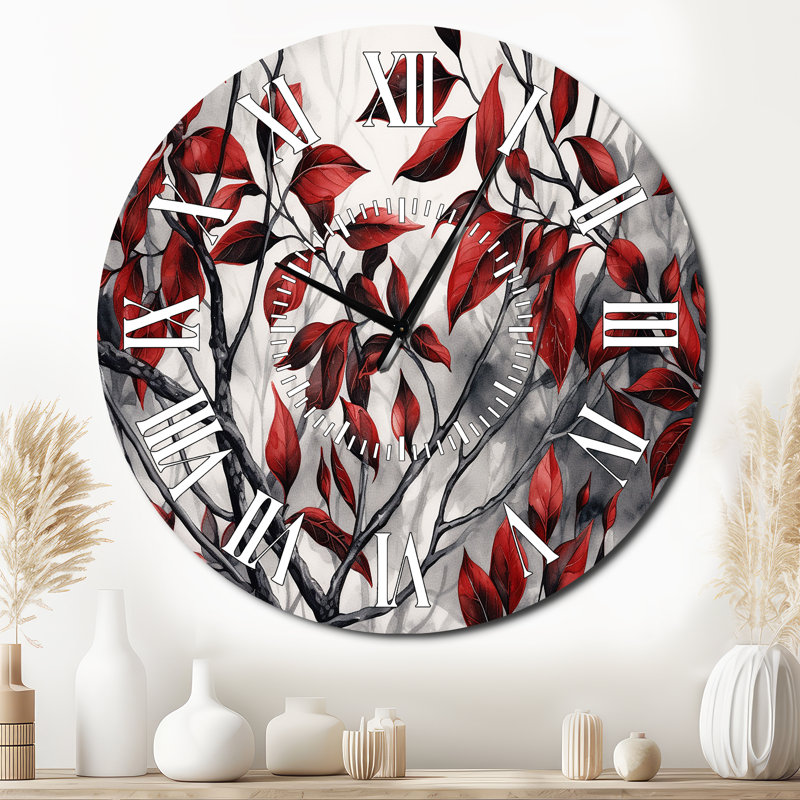 Horloge murale à feuilles rouges et grises sur un arbre VI, Surdimensionné