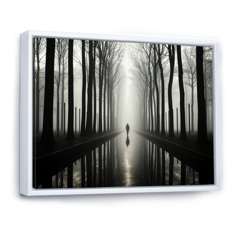 «Black and White Forest Silence», art mural encadré «Forest», Cadre flottant blanc, 16" H x 32" W