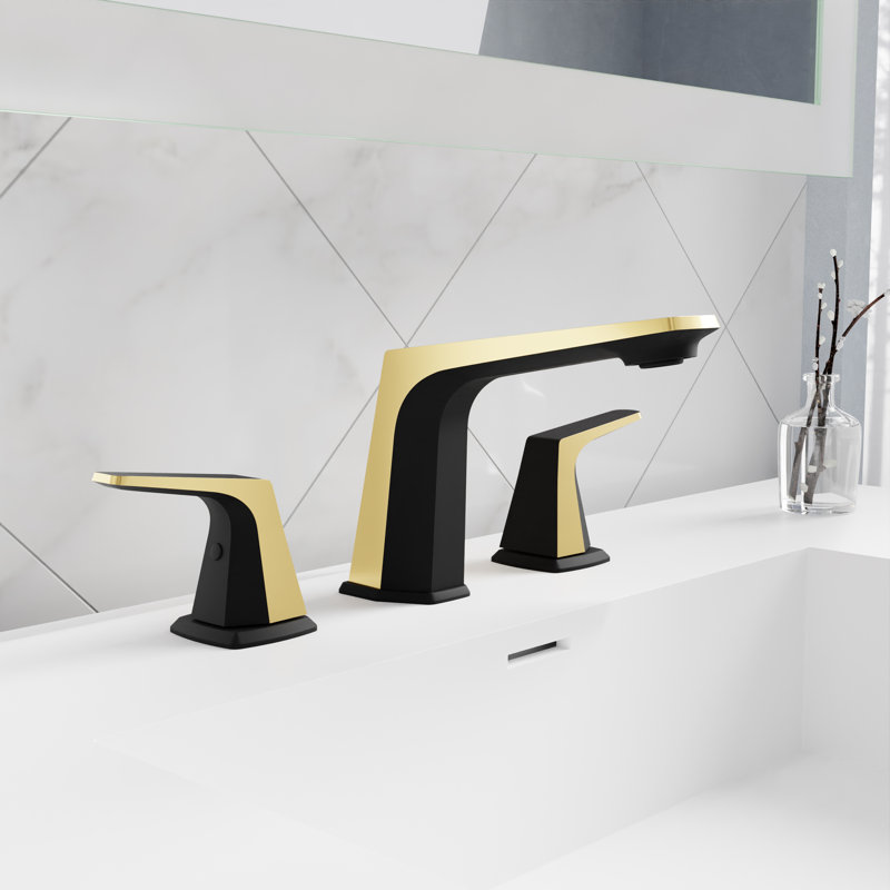 Widespread 2-handle Bathroom Faucet with Drain Assembly, Matte Black/Brushed Gold