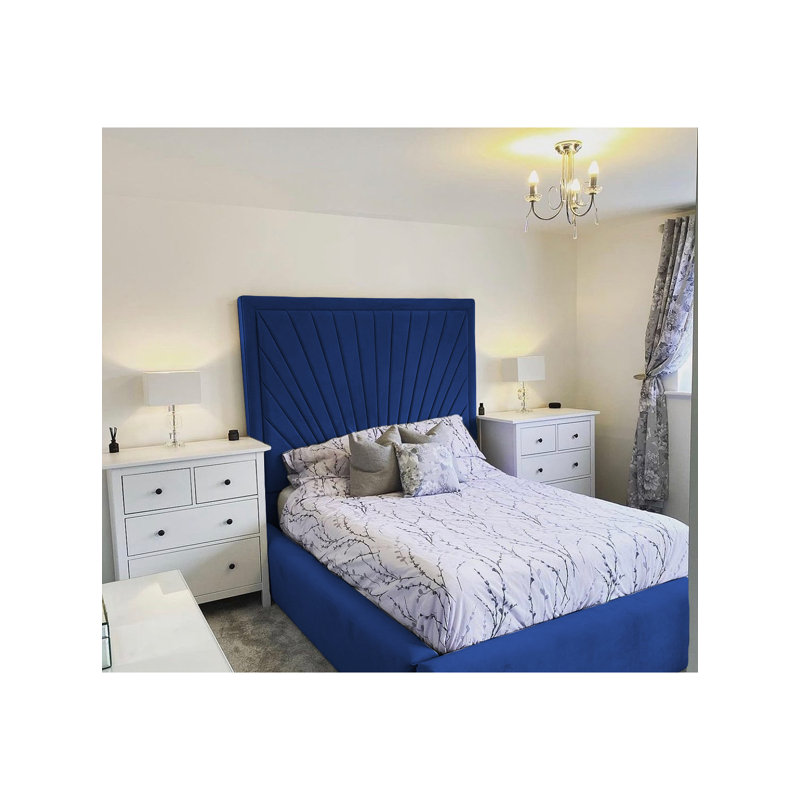 Odie Plush Velvet Upholstered Bed Frame - Sprung Slats, Padded Headboard, Single (3'), Blue