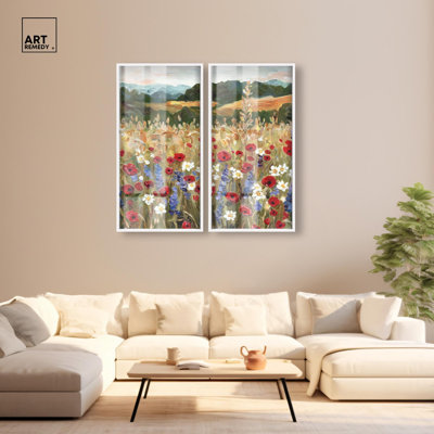 Joyful Bloom - Ira Comleva Portslade, grande reproduction sous verre en deux parties par Art Remedy, cadre blanc, 48 x 24 pouces