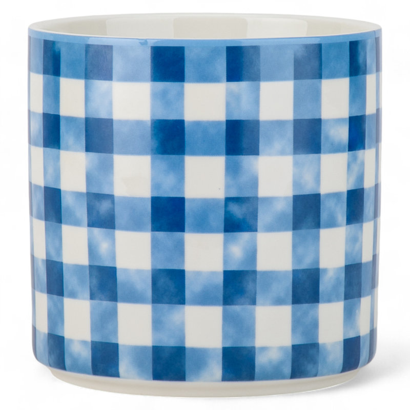 Porcelain Round Planter Pot Blue Checker