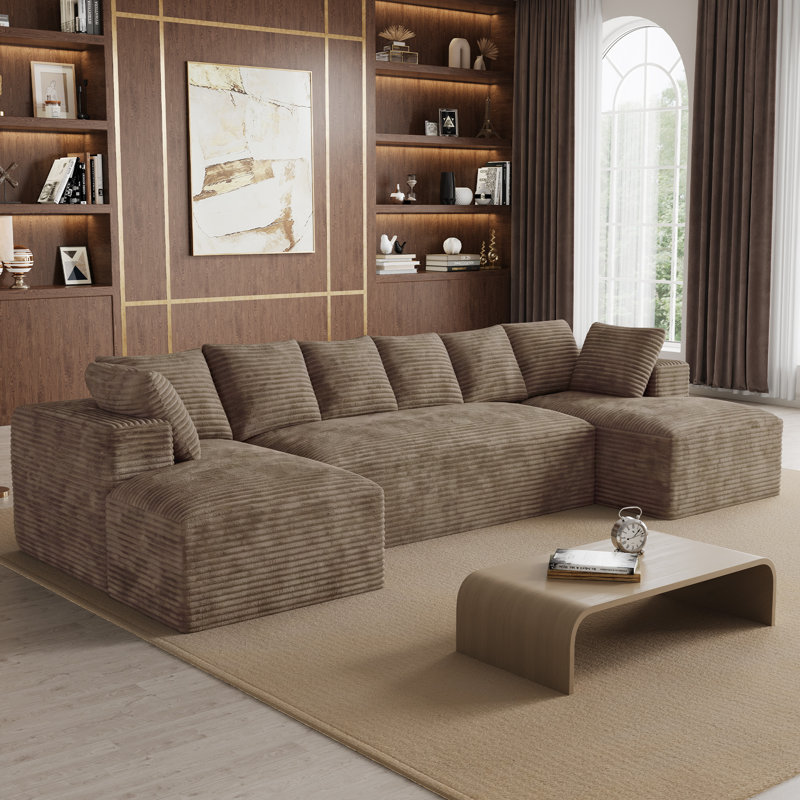 Canapé d'angle surdimensionné sans ossature et à compression de 131 pouces avec coussins, Velours côtelé brun, En form de U