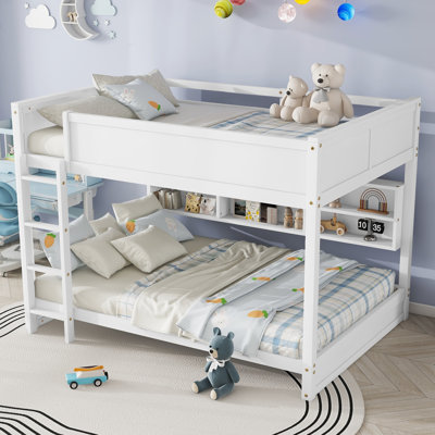 Queen Over Queen Bunk Bed with Storage Cabinets, Charging Station, Ladder & Safety Guardrails, Solid Pine Wood