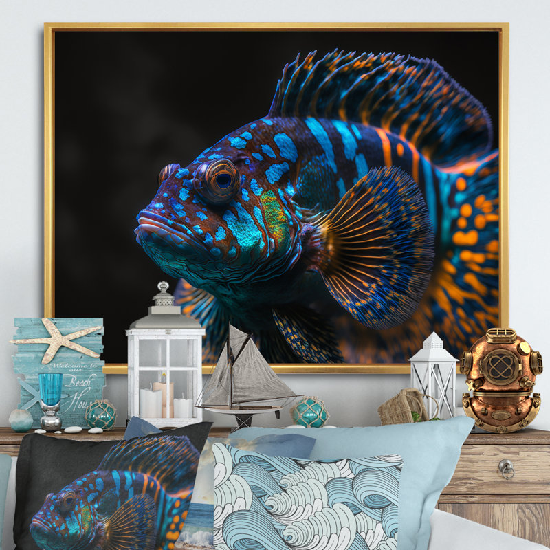 Halona, magnifique poisson mandarine dans des tons de bleu VII - impression, H 16 po x l 32 po x P 1 po, Cadre flottant doré