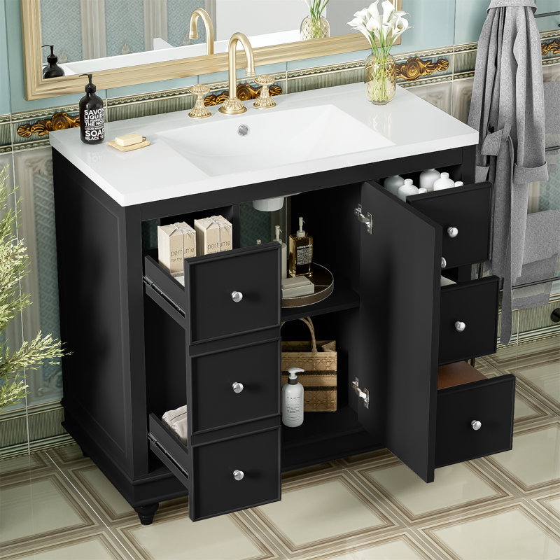 Meuble-lavabo simple 36 po avec lavabo en céramique, Noir