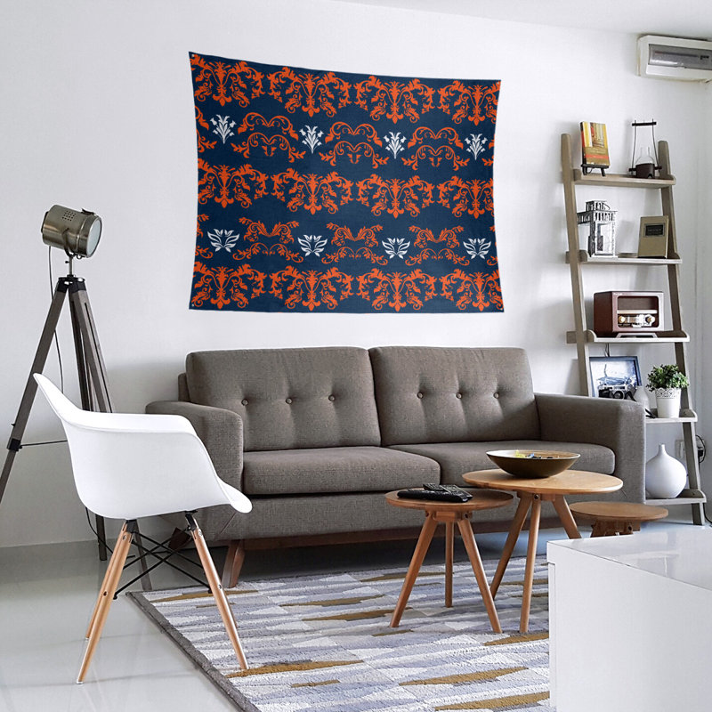 Tapisserie baroque en microfibre de football Denver, Bleu marine / orange / blanc, H 51 po x l 60 po