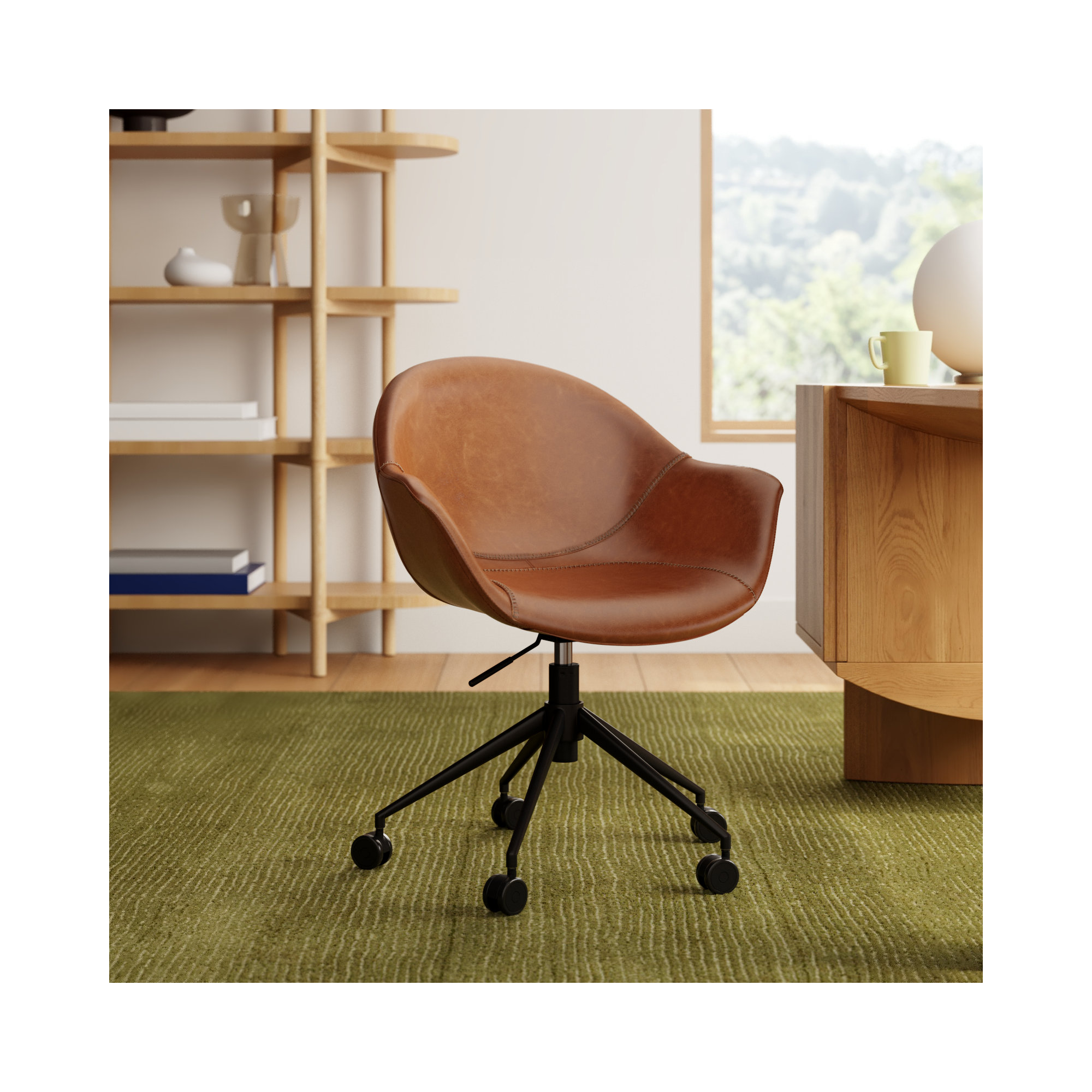 Kealey Swivel Office Chair, Light Brown Faux Leather