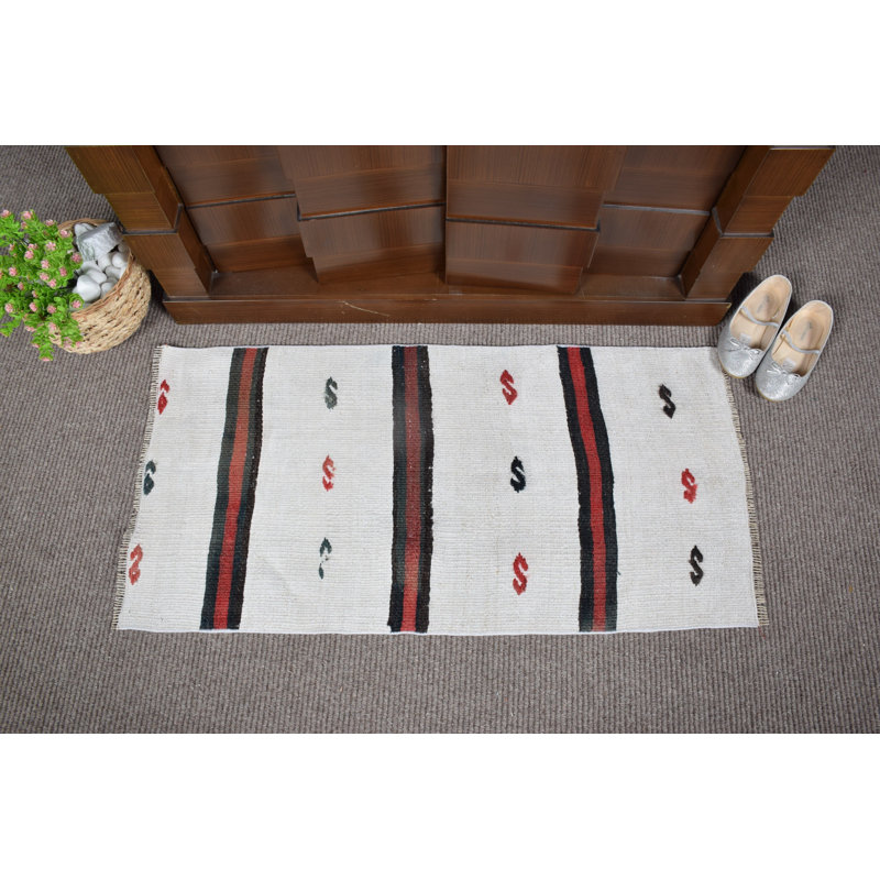 Authentic Turkish Door Mat with Striking Red, Cream, and Striped Design for Entryway Accent