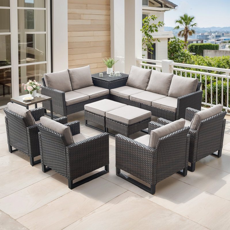 Ingvald 9-11 Person All-Weather Wicker Outdoor Conversation Set Seating Group With Lounge Chairs And Ottomans, Beige