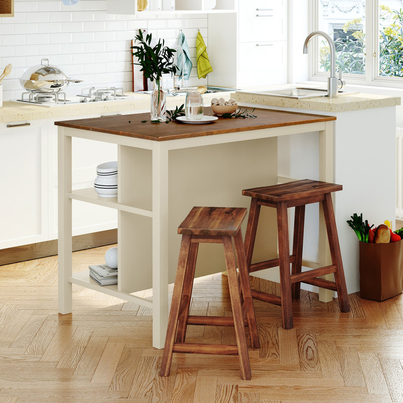 Solid Wood Rustic 3-Piece Stationary Kitchen Island Set With 2 Seatings, Rubber Wood Butcher Block Dining Table Set Prep Table Set With 2 Open Shelves For Small Places