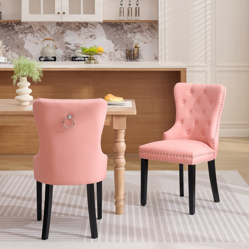 Chaises de salle à manger modernes en cuir capitonné avec pieds en bois massif (ensemble de 2), Rose