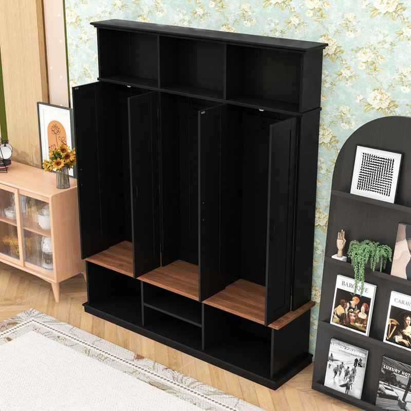 Hall Tree with Bench, Hooks, Cabinets and Shelves, Black